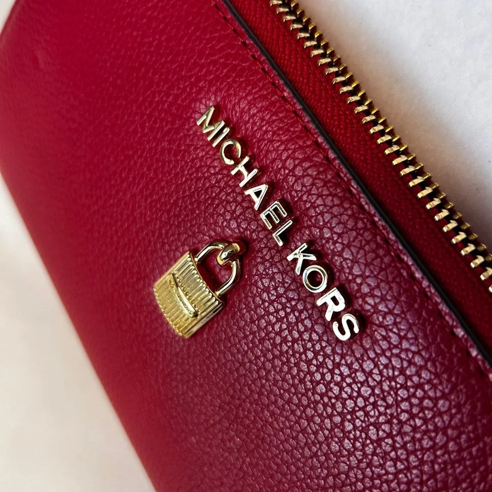Michael Kors Scarlet Red Leather Zip Around Continental Wallet Gold Lock
